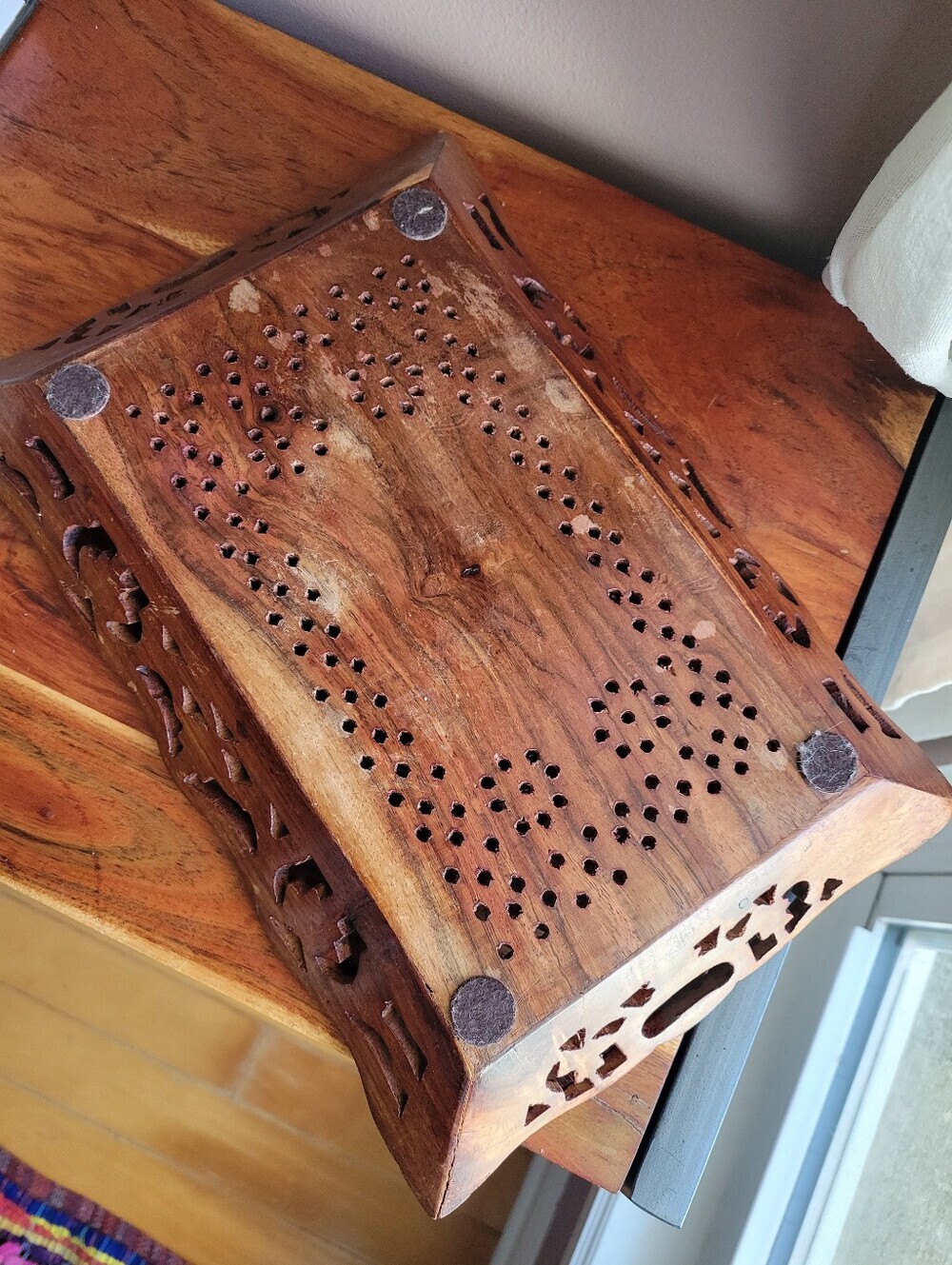 Artisanal Handcrafted Wooden Serving Tray Open-work Lattice Borders Floral Desig - Picture 2 of 11